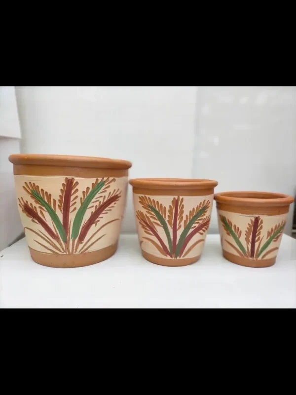 bb100273 Håndlavet thailandsk lerpotte med tyk kant. Med planter på flødefarvet baggrund. 3 størrelser bb100273 Håndlavet thailandsk lerpotte med tyk kant. Med planter på flødefarvet baggrund. 3 størrelser