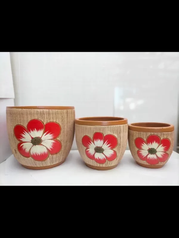 bb100285 Håndlavet thailandsk lerpotte med rød og hvid blomst på finstribet baggrund. 3 størrelser bb100285 Håndlavet thailandsk lerpotte med rød og hvid blomst på finstribet baggrund. 3 størrelser