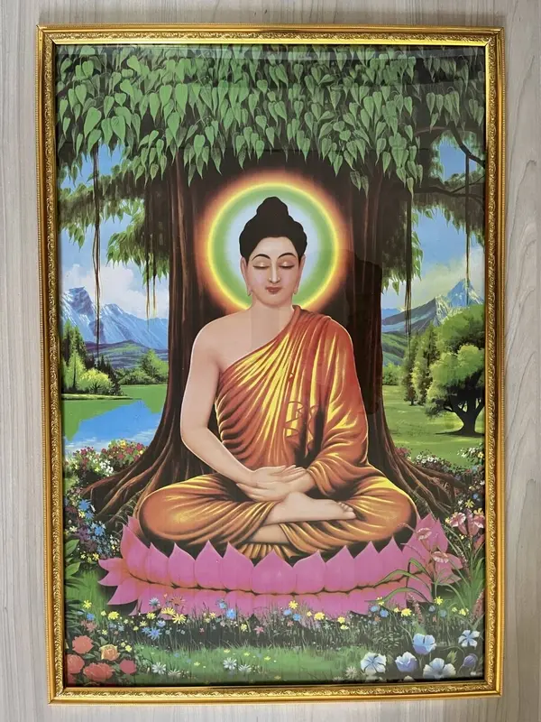 bb102038 Plakat med mediterende Buddha i orange klæde